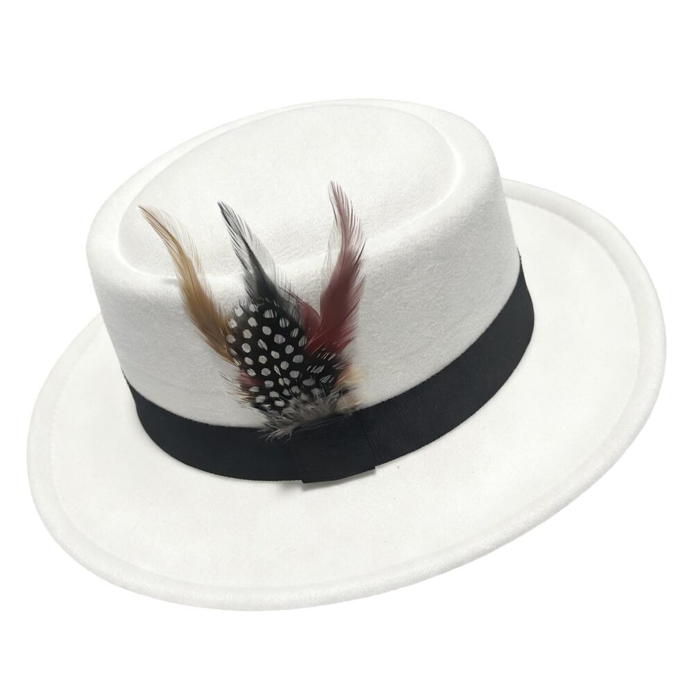 6268 Classic Pork Pie Hat with Feathers Flat Top Fedora, Vintage Panama
